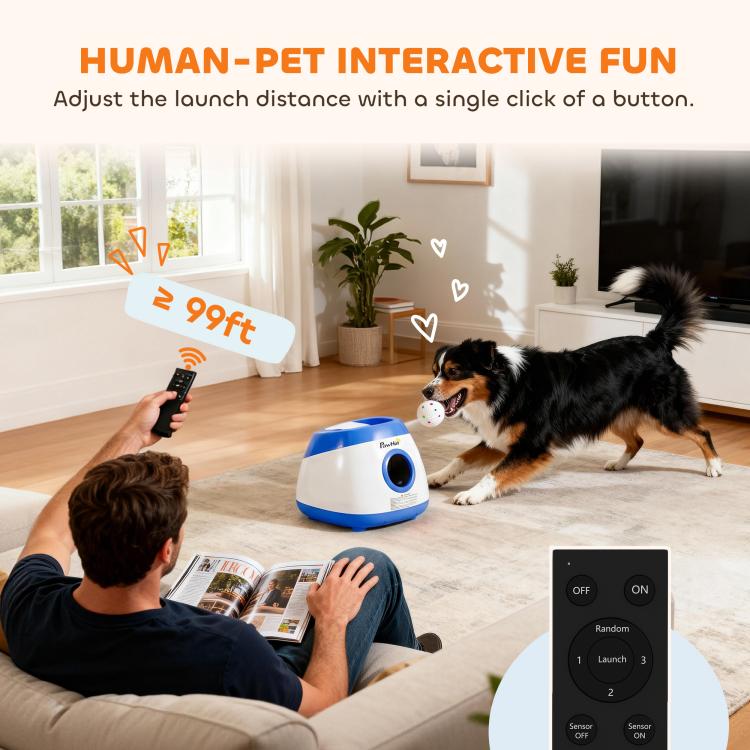 Blue and white dog ball launcher with ball and remote control near playing dog indoors