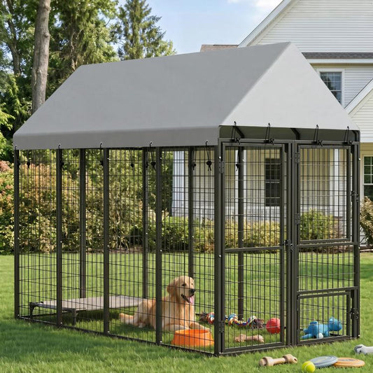 Large outdoor dog kennel with roof, black frame, front door and open side area