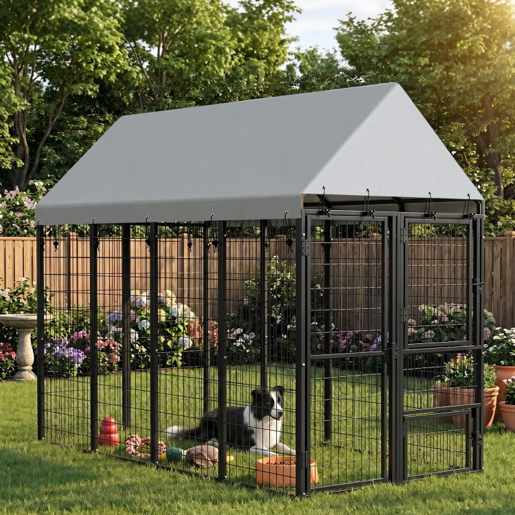 Outdoor dog kennel with roof, black wire enclosure and double-door front