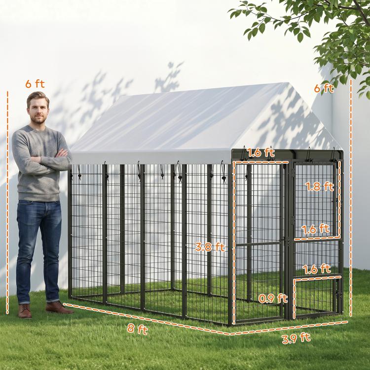 Outdoor dog kennel with roof and black wire panels, with labeled size dimensions