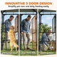 Outdoor dog kennel featuring multiple door openings in a black wire frame