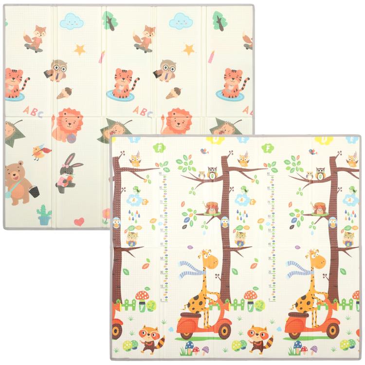 Reversible play mat showing giraffe, fox, and owl woodland animal illustrations on panels