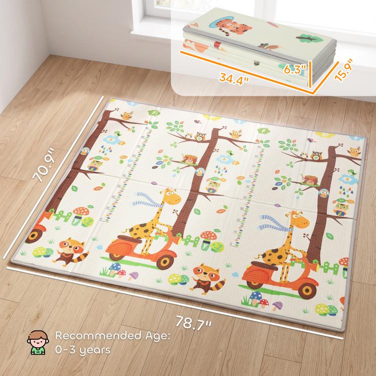 Foldable reversible baby play mat with giraffe and woodland animals, stitched border
