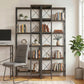 Rustic brown 5-tier L-shaped bookshelf with metal frame, open cubby storage shelves
