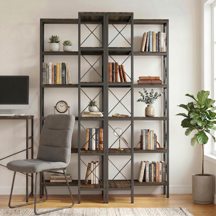 Rustic brown 5-tier L-shaped bookshelf with metal frame, open cubby storage shelves