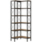 Rustic brown corner bookshelf with metal frame, five open shelves and X-panel sides