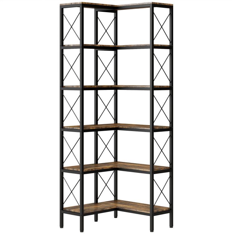 Rustic brown corner bookshelf with metal frame, five open shelves and X-panel sides