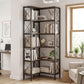 5-tier L-shaped bookshelf with black metal frame, rustic brown shelves, and corner storage