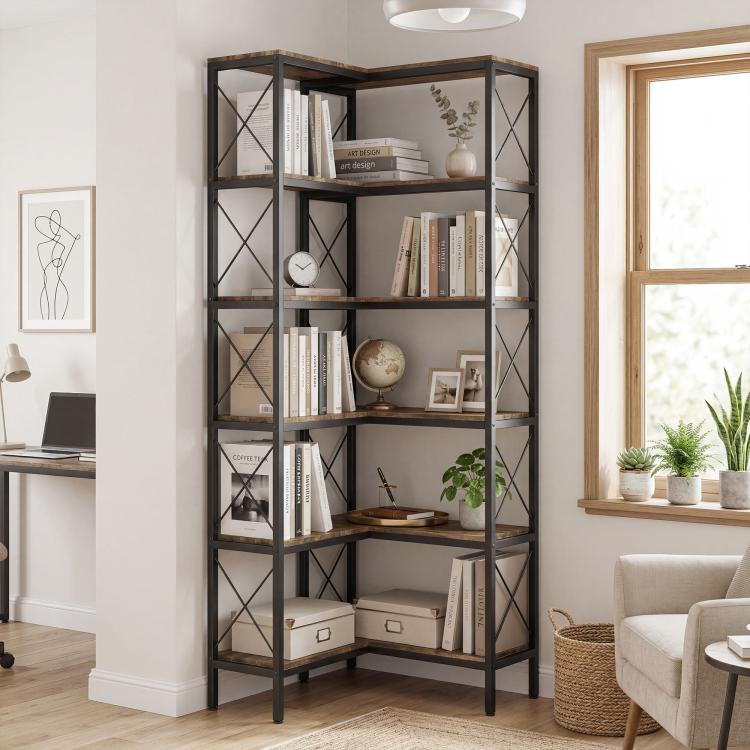 5-tier L-shaped bookshelf with black metal frame, rustic brown shelves, and corner storage
