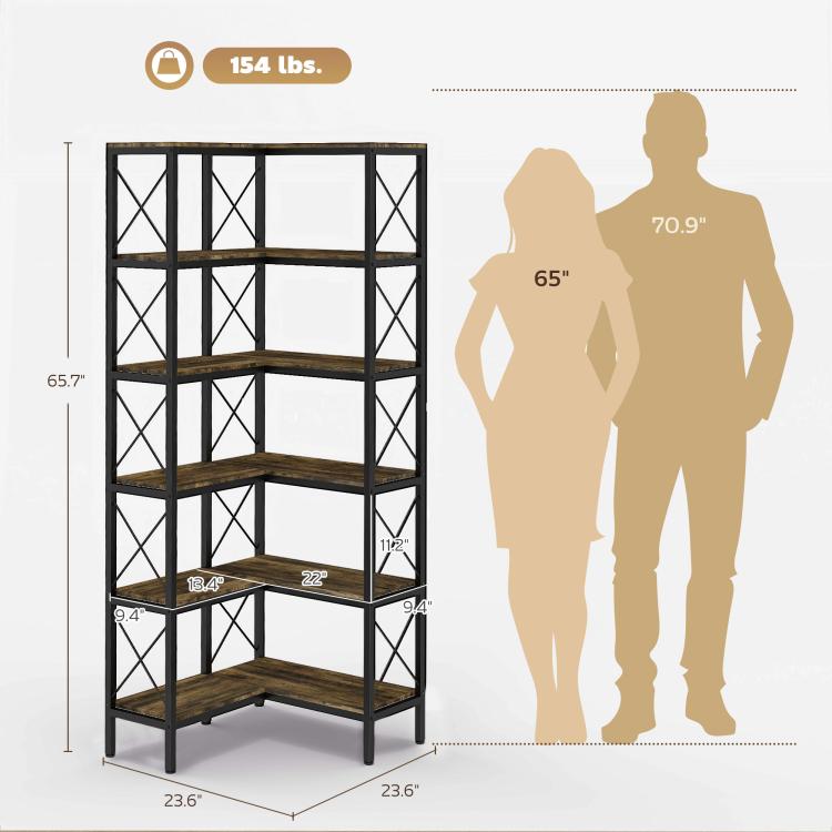 Dimensions view of a rustic brown and black 5-tier L-shaped bookshelf with metal frame