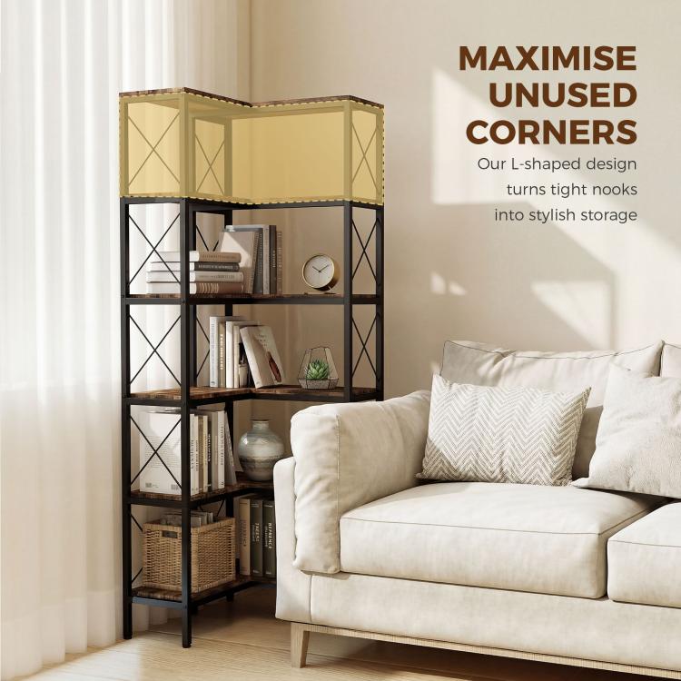 Corner L-shaped 5-tier bookcase with rustic brown shelves and black metal frame