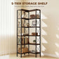 5-tier storage shelf with open compartments, rustic brown shelves, and black metal cross braces