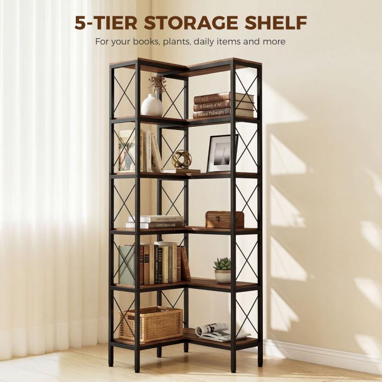 5-tier storage shelf with open compartments, rustic brown shelves, and black metal cross braces