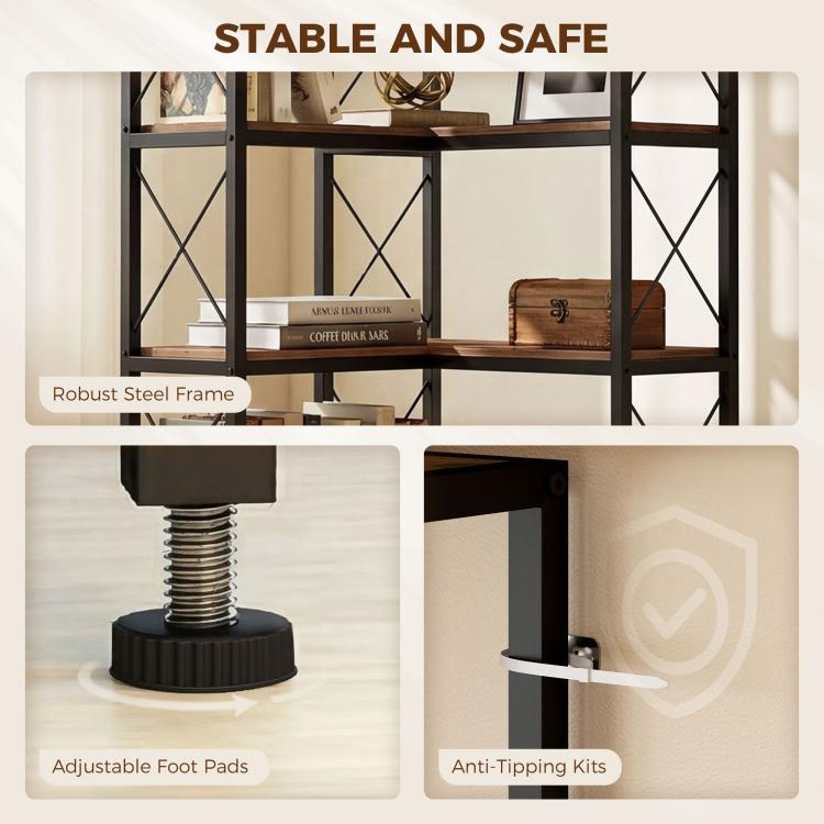 5-tier bookshelf details: steel frame, adjustable foot pads, and anti-tip kit hardware
