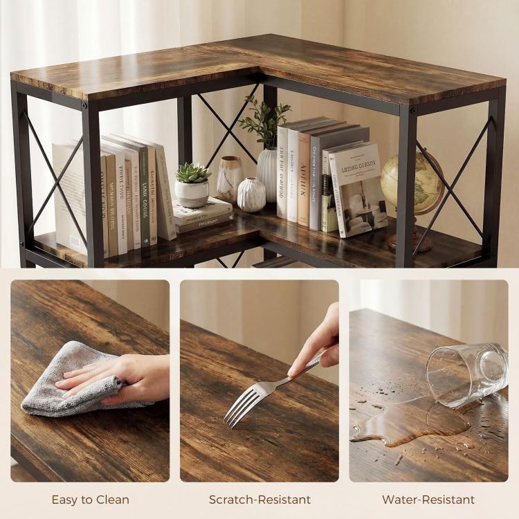 Rustic brown wood tabletop corner shelf with black metal supports; easy-clean, scratch-resistant