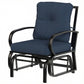 Dark blue padded patio glider chair with tall back and curved armrests