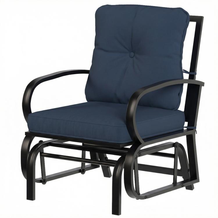 Dark blue padded patio glider chair with tall back and curved armrests