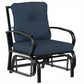 Outdoor glider chair with dark blue seat and back cushions, curved armrests, steel frame