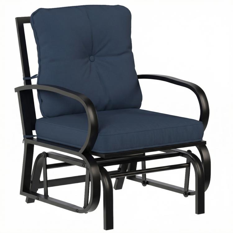 Outdoor glider chair with dark blue seat and back cushions, curved armrests, steel frame