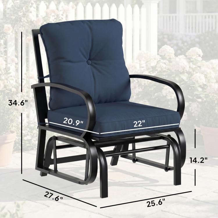 Dark blue patio glider chair with wide padded seat and tall back cushion
