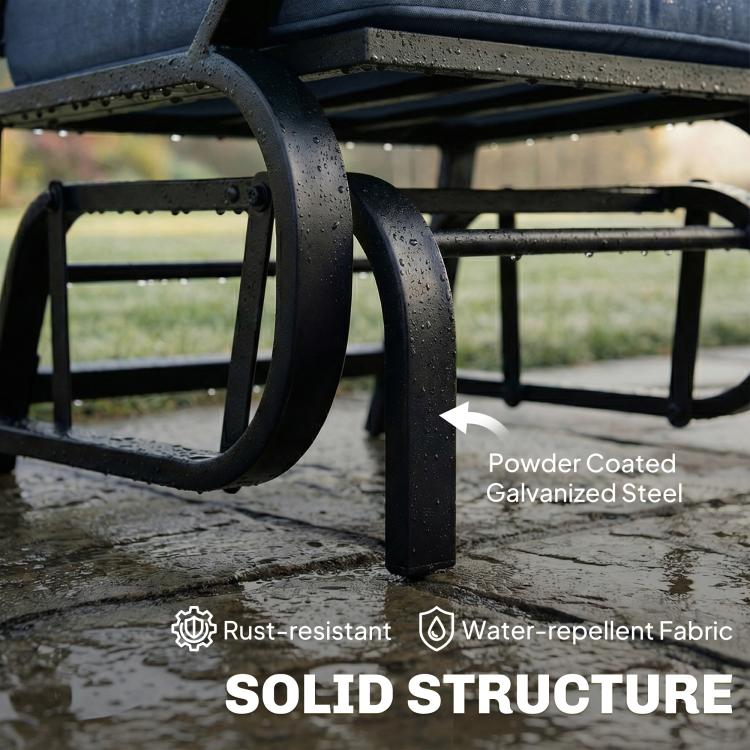 Powder-coated steel base patio glider chair with dark blue cushion and arm
