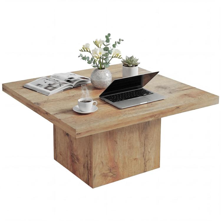 Light brown square coffee table with thick tabletop and solid square base