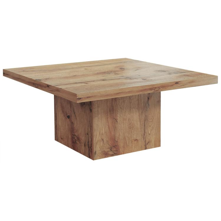 Light brown square wooden coffee table with thick tabletop and block base
