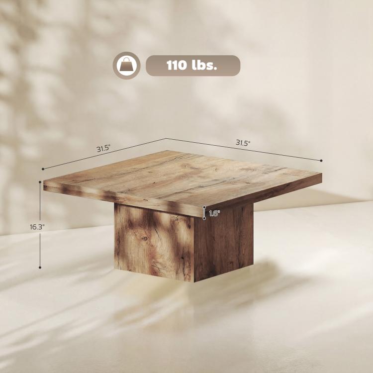 Light brown square coffee table with labeled dimensions on the tabletop