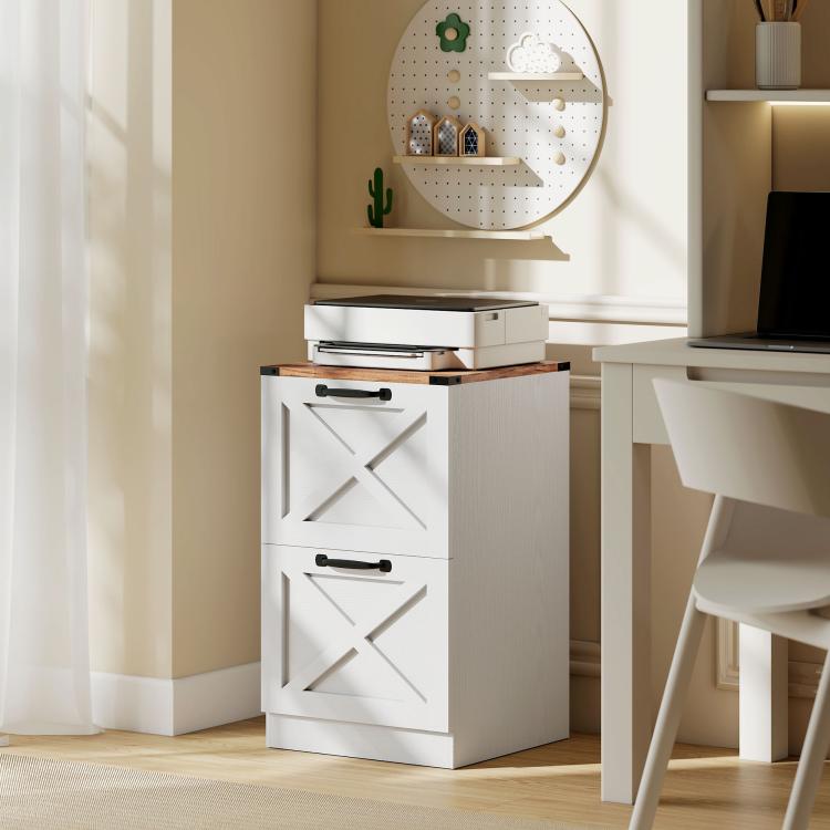 White 2-drawer printer stand with X barn door panels and black metal handles