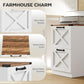White 2-drawer printer stand showing X barn door design and black metal accents