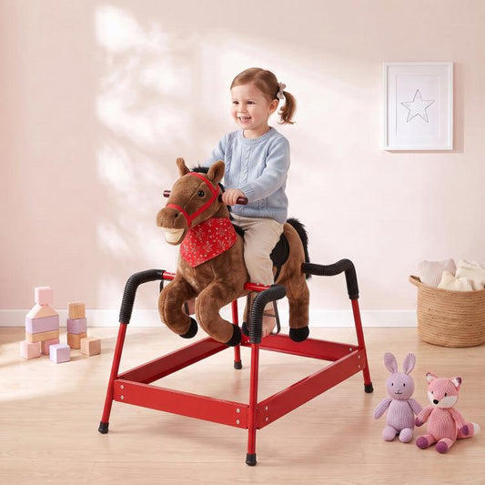 Kids Spring Rocking Horse, Ride on Horse with Neighing Sounds, Plush Animal Ride on Toy for Ages 3+ Years, Brown