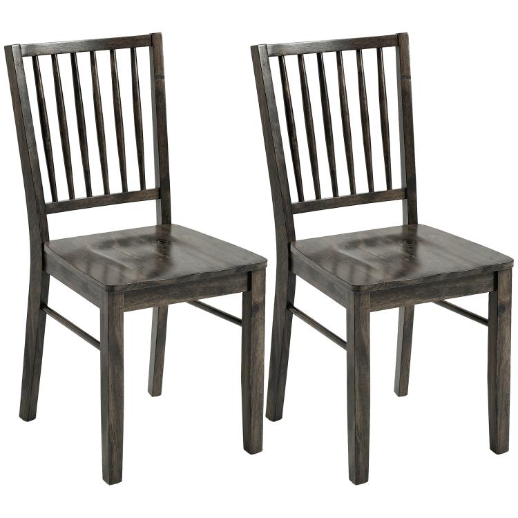 Matching charcoal gray armless dining chairs with vertical slat backrests and sturdy legs, set of 2