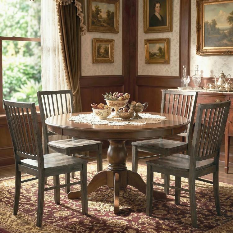 Set of 2 armless dining chairs with slatted backs, charcoal gray seats, wooden legs