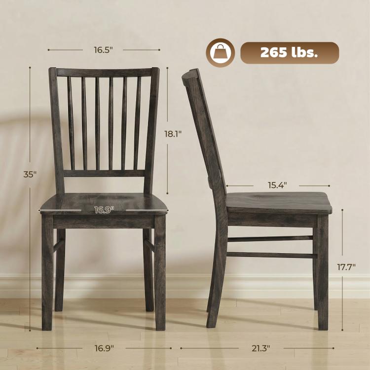 Charcoal gray armless dining chairs with slatted backrests; size measurements shown