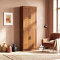 Teak freestanding kitchen pantry cabinet with 4 doors and black metal handles