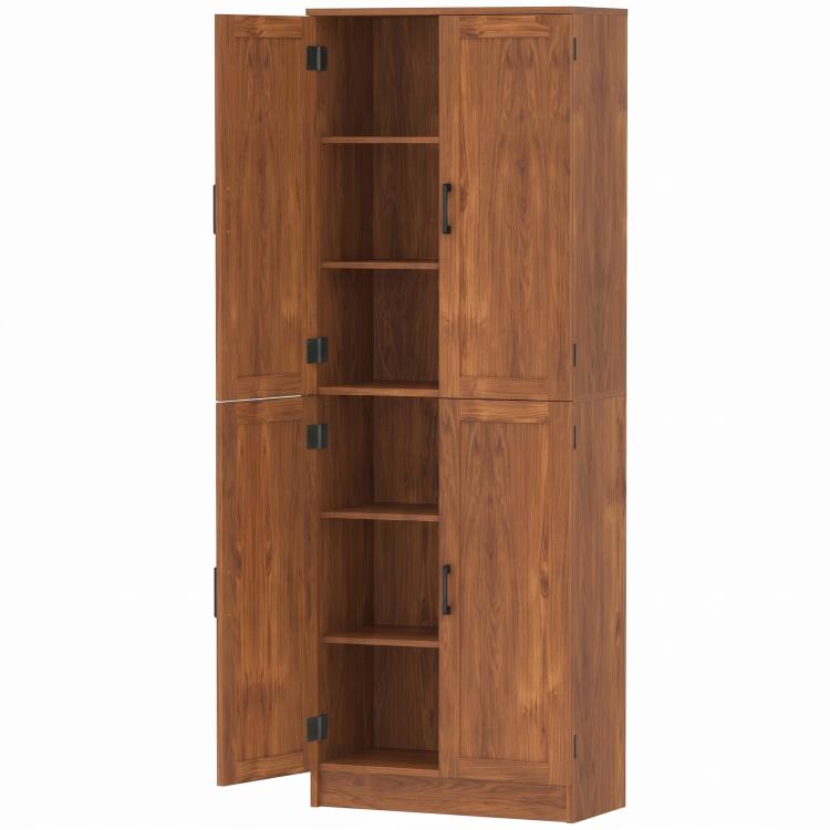 Teak kitchen pantry cabinet with open interior shelves and adjustable storage