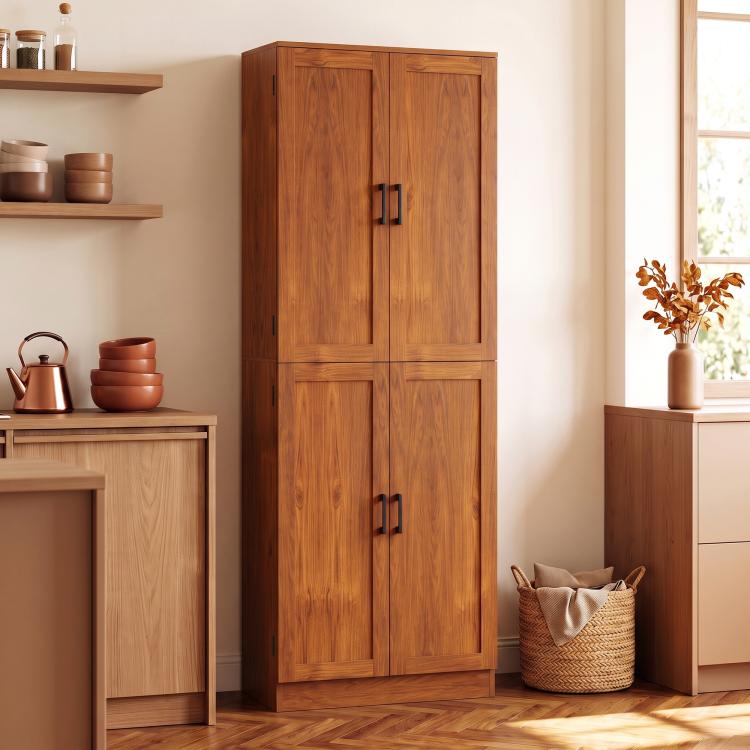 Teak freestanding kitchen pantry cabinet with four doors and black handles, closed view