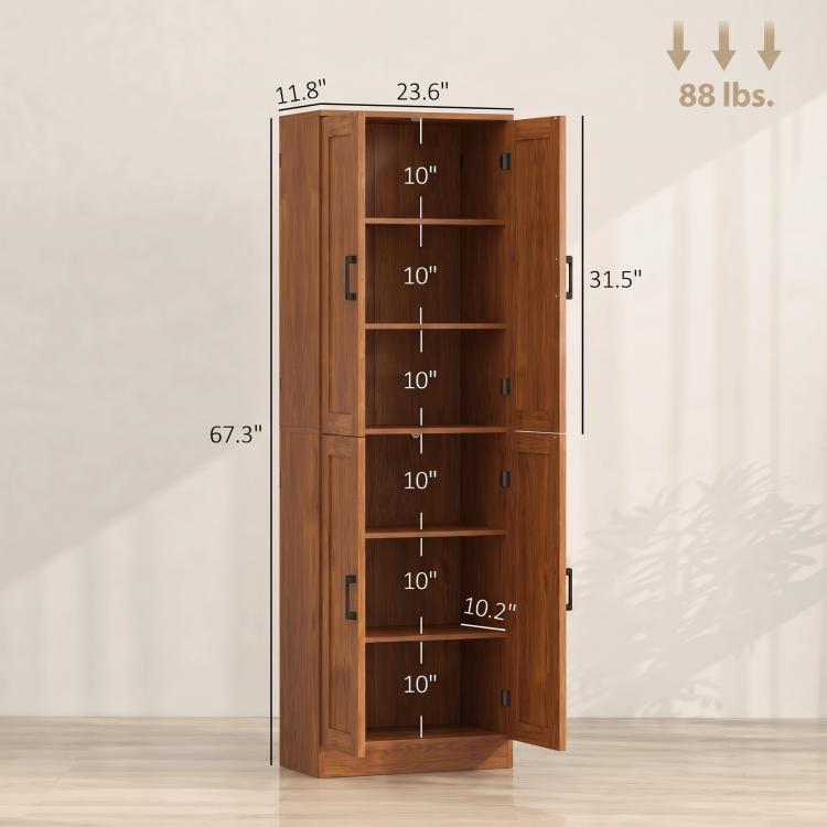 Teak kitchen pantry cabinet height and width dimensions diagram, 4-door storage view