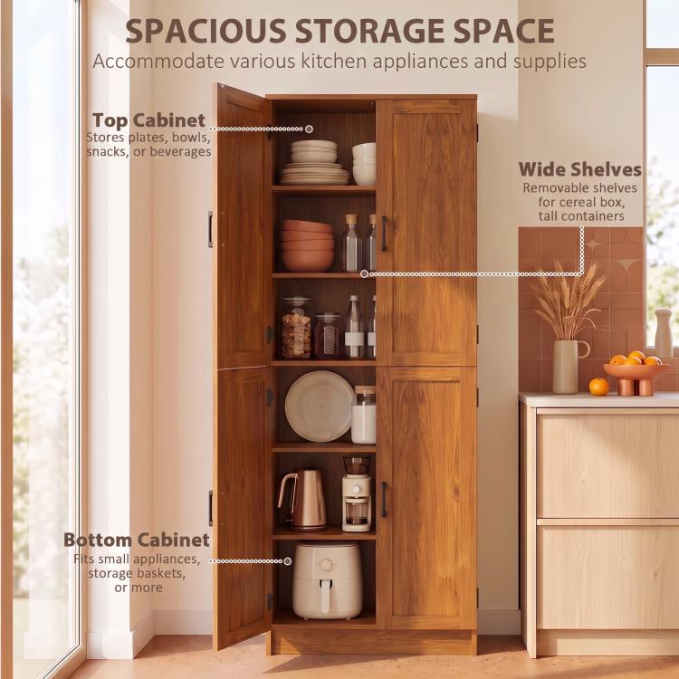 Teak 4-door kitchen pantry cabinet interior view with top and wide shelving compartments