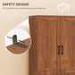Teak kitchen pantry cabinet with two doors and long black handles, safety anti-tip inset detail