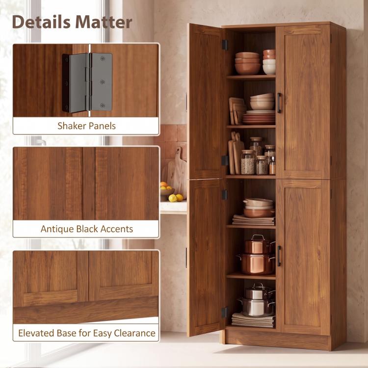 Teak kitchen pantry cabinet detail view: shaker panels, black accents, elevated base