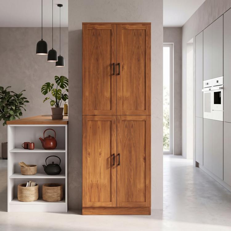 Teak freestanding kitchen pantry cabinet with 4 doors and black handles, closed in kitchen