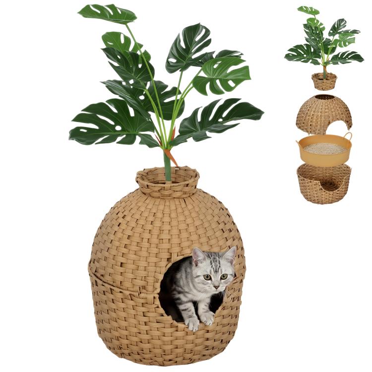 Rattan-style cat litter box enclosure with faux plant on top and round entry opening