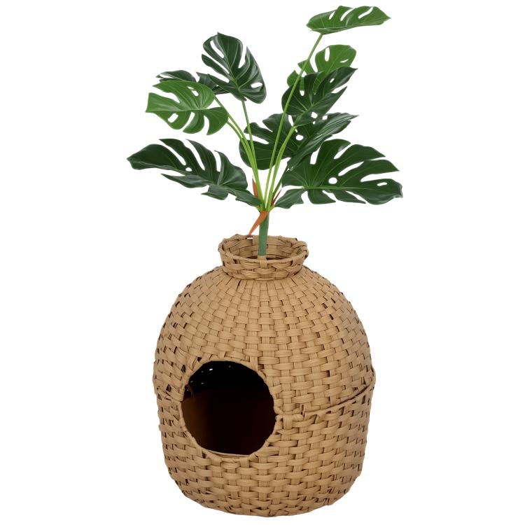 Rattan-style cat litter box hideaway with faux plant and large round front doorway