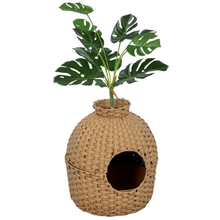 Woven rattan-style cat litter box enclosure with faux potted plant and round entrance