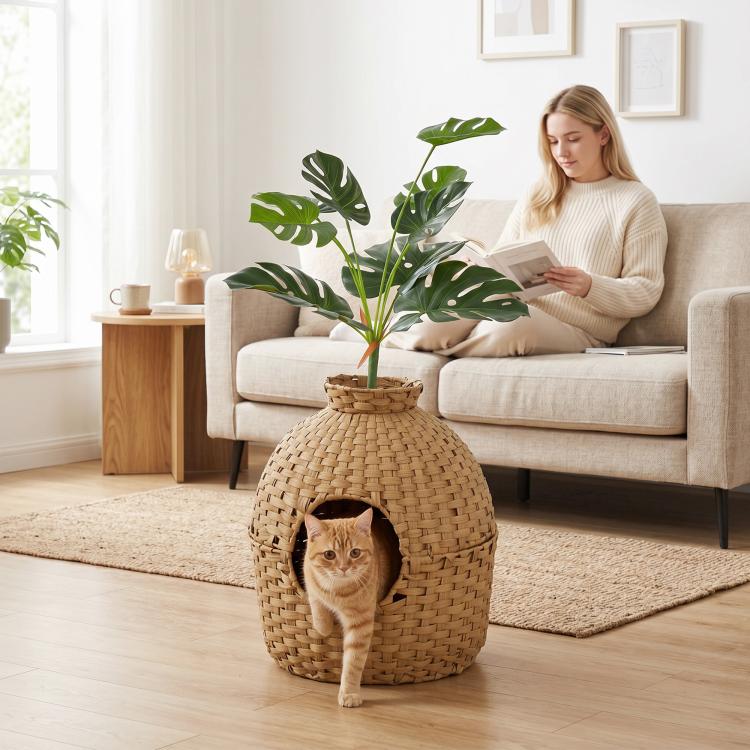 Rattan-style cat litter box enclosure with faux plant top and arched side entrance