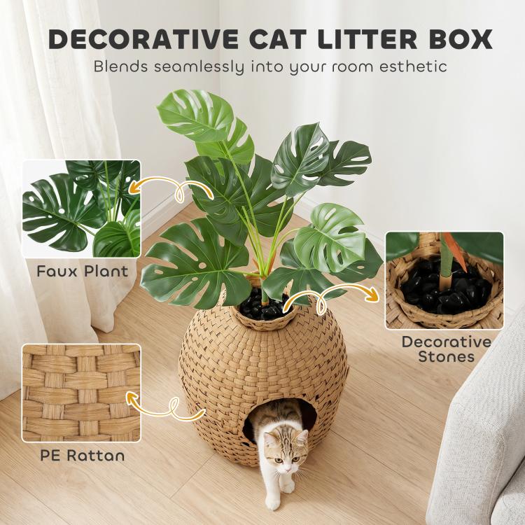 Decorative woven cat litter box enclosure with faux plant and round front doorway