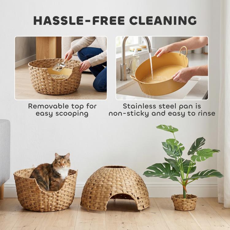 Cat litter box enclosure with removable pan opening and woven rattan base