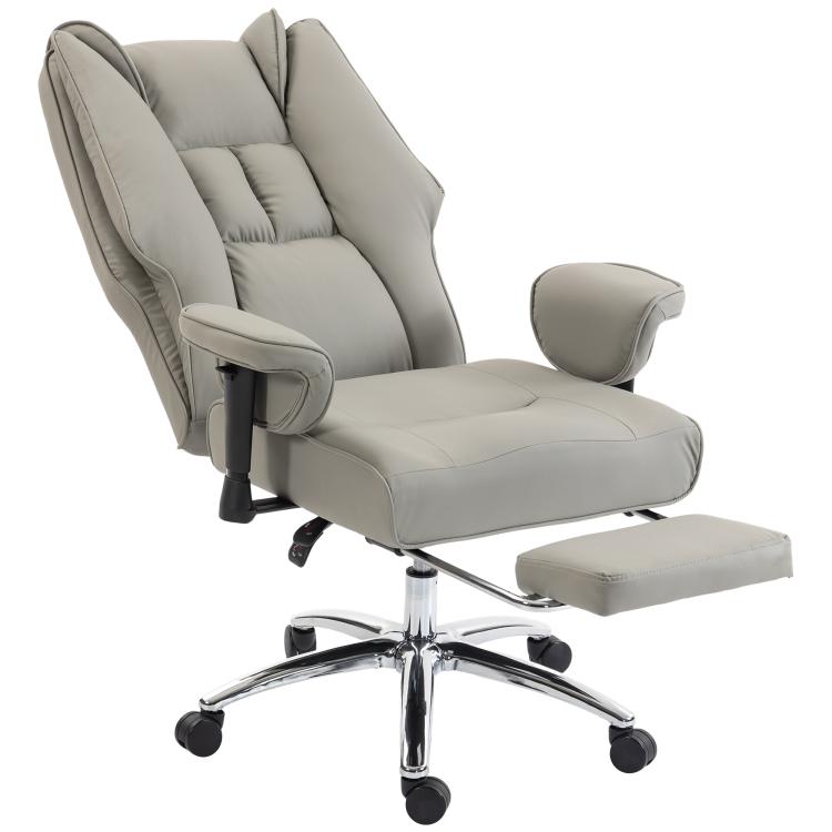 Light gray high-back office chair with recline footrest, padded headrest, and chrome base