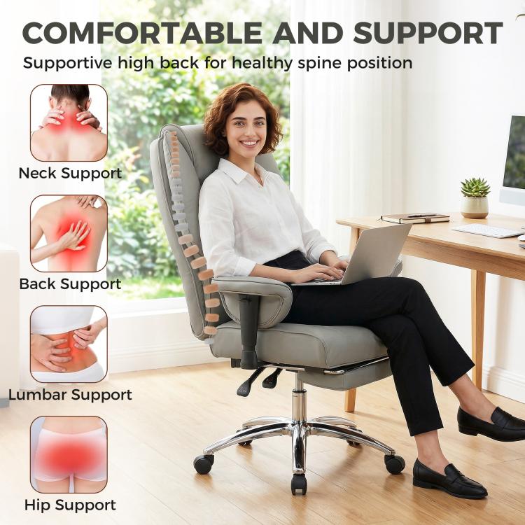 Light gray high-back ergonomic office chair with padded headrest and back support
